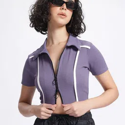 glitchez Textured Zipper Crop Top-image-2
