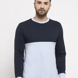 Kalt Men Blue & Navy Blue Colourblocked Round Neck T-shirt-image-17