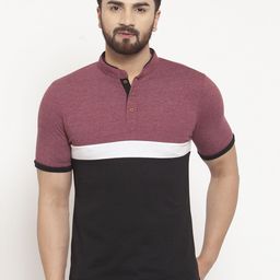 Kalt Men Maroon & Black Colourblocked Mandarin Collar T-shirt-image-69