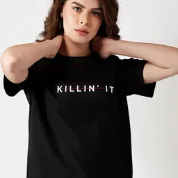 Miss Chase Women Black  White Printed Slim Fit Round Neck Pure Cotton T-shirt-image-65
