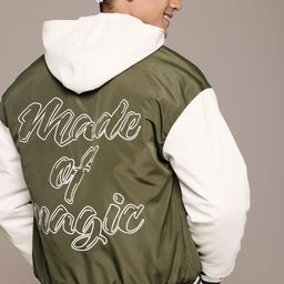 WROGN Embroidered Detail Typography Hooded Padded Relaxed Fit Varsity Jacket-image-14