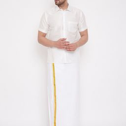 VASTRAMAY Men White Solid Relaxed-Fit South Indian Style Shirt & Mundu Set-picture-21