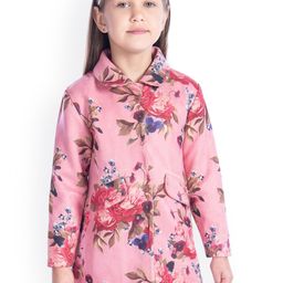 Cherry Crumble Girls Pink & Olive Green Floral Printed Suede Trench Coat-image-97