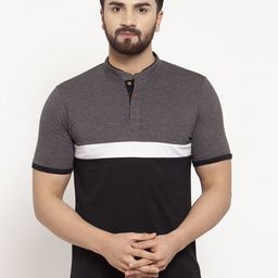 Kalt Men Grey & Black Colourblocked Mandarin Collar T-shirt-image-36