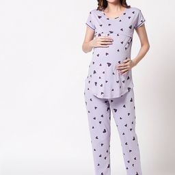 Zeyo Women Purple Printed Maternity & Feeding Night Suit-image-68