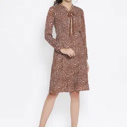 OFFICE & YOU Women Brown Printed Fit and Flare Dress-image-3