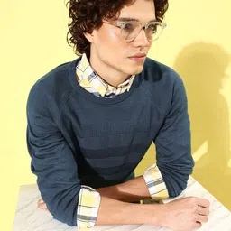 Mast & Harbour Men Blue Striped Round Neck Long Sleeves Pullover Sweaters-image-54