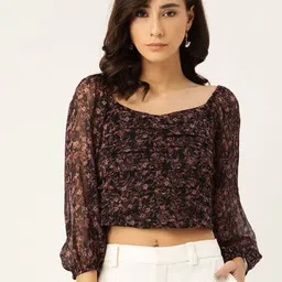 Antheaa Black & Brown Floral Printed Sweetheart Smocked Chiffon Regular Crop Top-image-95