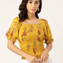 Antheaa Mustard Yellow & Pink Printed Puff Sleeve Smocked Chiffon Fitted Top-image-71