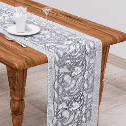 Clasiko Grey & White Ethnic Motifs Print 300 TC Cotton Table Runner-11