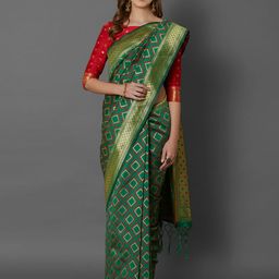 Mitera Green Silk Blend Woven Design Banarasi Saree-image-86