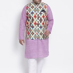 hangup plus Men Lavender Angrakha Linen Kurta with Pyjamas & Nehru Jacket-picture-44