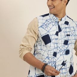 Taavi Men White & Blue Cyanotype Print Sustainable Nehru Jacket-74