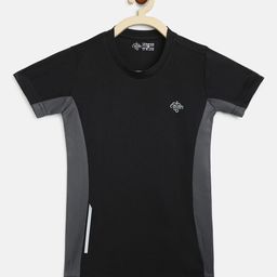 CHIMPRALA Girls Black & Grey Melange Solid Round Neck Sports T-shirt-image-94
