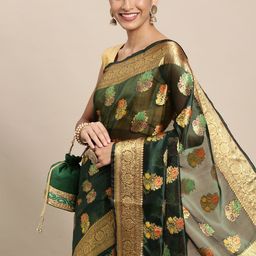 Mitera Green Floral Zari Organza Kanjeevaram Saree-image-85
