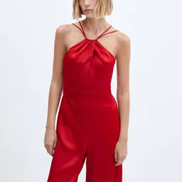 MANGO Cherry Red Halter Neck Open-Back Satin Wide Leg Jumpsuit-image-16