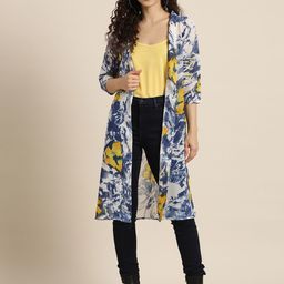 Qurvii Women Navy Blue & White Printed Longline Shrug-69