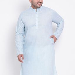 Hangup Men Blue Angrakha Linen Kurta with Pyjamas-image-25