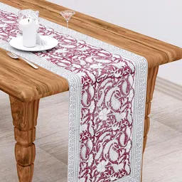 Clasiko White & Maroon Ethnic Motifs Print 300 TC Cotton Table Runner-43