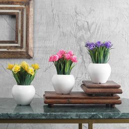 FOLIYAJ Set Of 3 Artificial Mini Plant with Thin Long Leaves & White Apple-Shaped Pot-20
