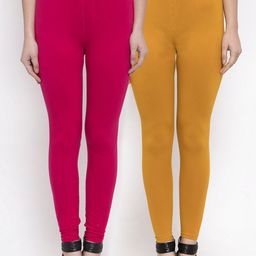 TAG 7 Women Pack Of 2 Mustard Yellow & Pink Solid Ankle-Length Leggings-41