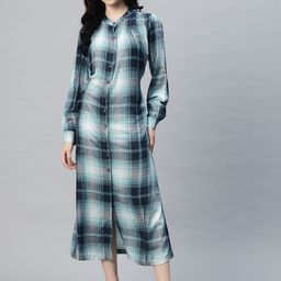 Cottinfab Waist Tie-up Gathers Checked Shirt Midi Dress-44
