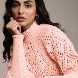 bebe Women Peach Pink Geometric Self Design Schiffli Pullover-image-62