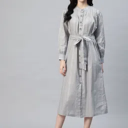 Cottinfab Waist Tie-up Gathers Striped Shirt Midi Dress-image-12
