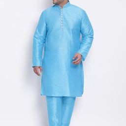 Hangup Men Blue Dupion Silk Kurta with Pyjamas-picture-9