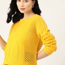 DressBerry Women Mustard Yellow Cable Knit Pullover Sweater-image-63