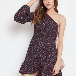 Berrylush Women Navy Blue Floral Printed A-Line Dress-picture-6