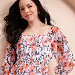 Mast & Harbour Floral Print Puff Sleeves A-Line Smocked Tiered Dress-picture-47