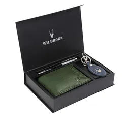 WildHorn Men Green & Blue RFID Protected Genuine Leather Wallet & Pen Accessory Gift Set-image-62