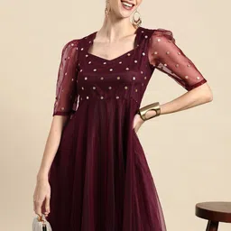 Sangria Burgundy Ethnic Motifs Embroidered Net Maxi Dress-image-24