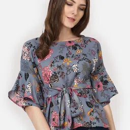 Akimia Women Grey Floral Printed Bell Sleeves Crepe Cinched Waist Top-16