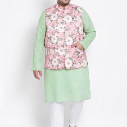 hangup plus Men Green Floral Printed Linen Kurta with Pyjamas & Nehru Jacket-picture-4