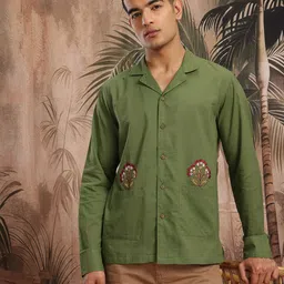 Sangria Cuban Collar Oversized Pockets Embroidered Relaxed Shirt-image-61