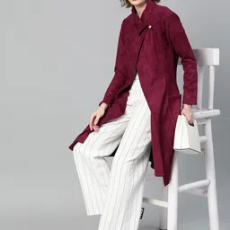 Athena Women Maroon Suede Finish Solid Overcoat-image-40
