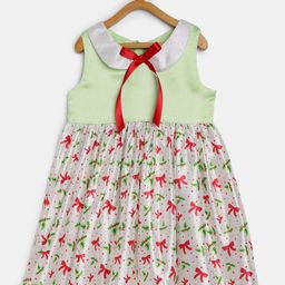 MANY FROCKS & Girls Green Printed Fit-Flare Satin Dress-image-73