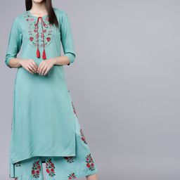 Vishudh Women Turquoise Blue Floral Embroidered Regular Thread Work Kurta with Palazzos-20