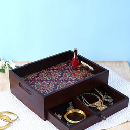 Reinvention Factory Brown & Pink Flower Ornament Digital Printed Handcrafted Multi-Utility Organiser Tray With Drawer-image-4