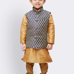 JBN Creation Boys Gold-Coloured & Navy Blue Solid Kurta with Churidar & Nehru Jacket-12