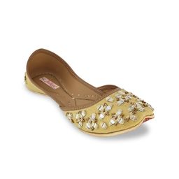Fulkari Women Khaki & Gold-Toned Embellished Leather Mojaris-13