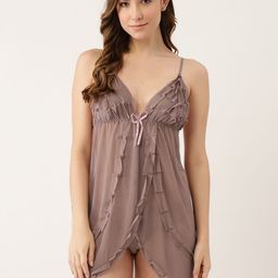 Ms Lingies Women Brown Self Design Ruffle Detail Net Baby Doll-image-81
