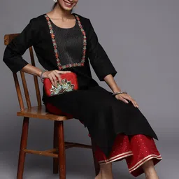 Varanga Women Black & Red Ethnic Motifs Embroidered Thread Work Kurta-image-74