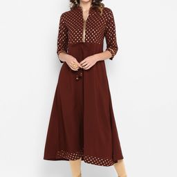 Janasya Women Brown Foil Print A-Line Kurta-image-21