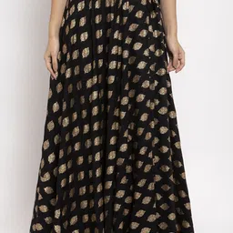 Clora Creation Black & Gold-Colour Printed Flared Maxi Skirt-13