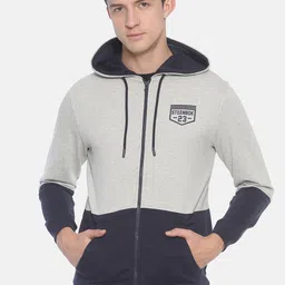 Steenbok Men Grey & Navy Blue Colourbocked Hooded Sweatshirt-image-4