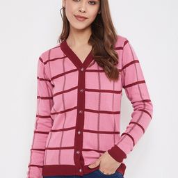 JUMP USA Women Pink & Red Checked Cardigan Sweater-image-95