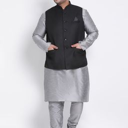 hangup plus Men Grey & Black Layered Dupion Silk Kurta with Pyjamas & Nehru Jacket-picture-0